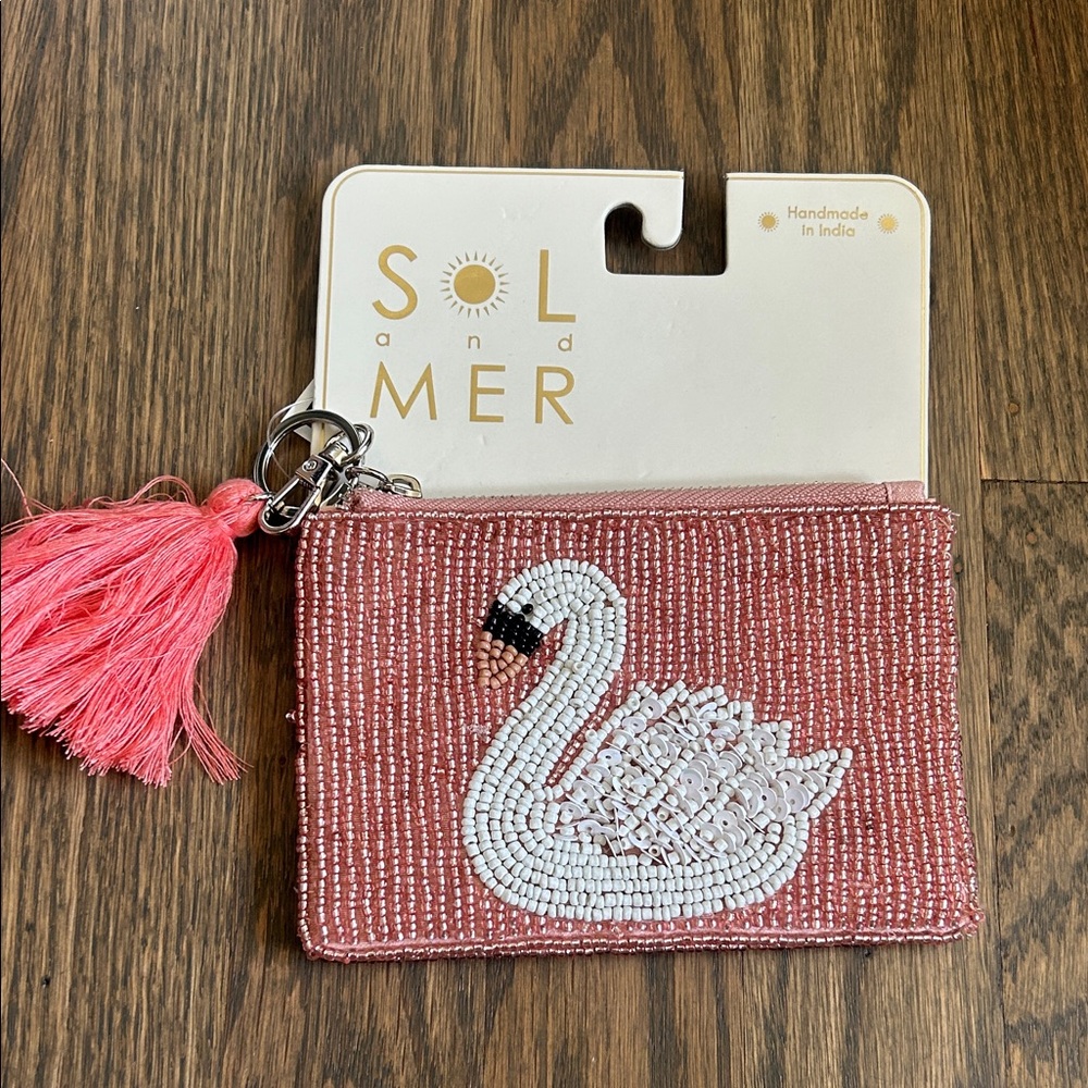 Pink Beaded Swan Beaded Coin Purse